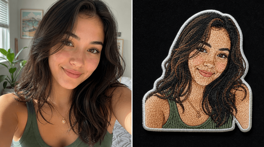 Split-screen: left side shows a bright selfie, right side shows the same face as an embroidered sticker with visible thr
