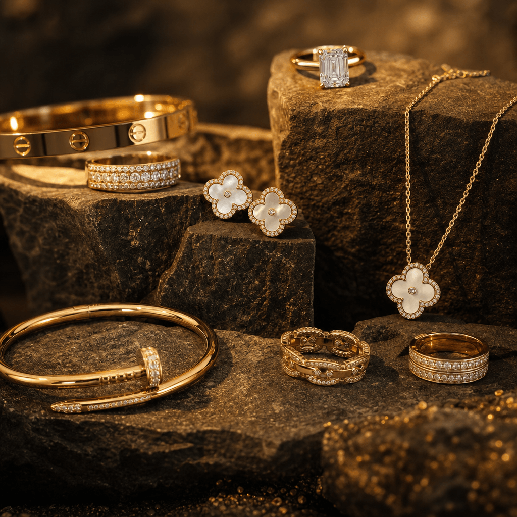 Collection of luxury jewelry pieces arranged on stone pedestal with depth of field blur, warm golden studio lighting, pr