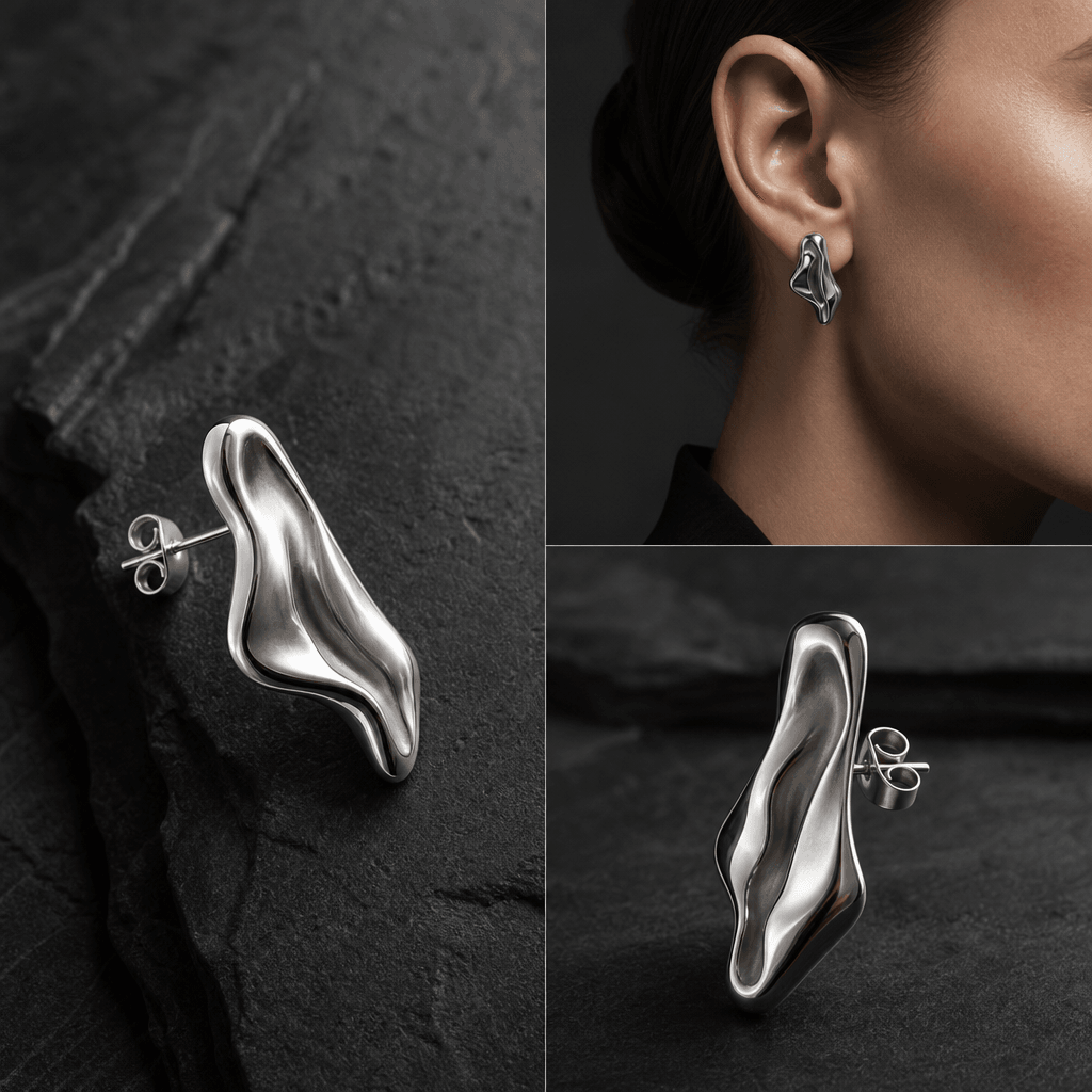 Three coordinated views of a sculptural silver earring arranged in a square luxury editorial layout, matte charcoal ston