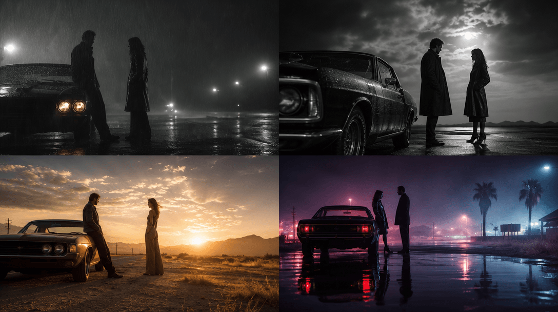 The same fictional car-stop moment visualized through layered cinematic treatments: realistic rain, graphic film noir, w