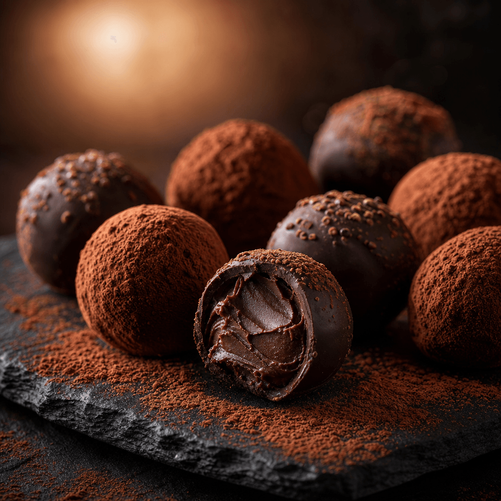 Dark editorial still life of premium chocolate truffles arranged on a slate board, dusted lightly with fine cocoa powder