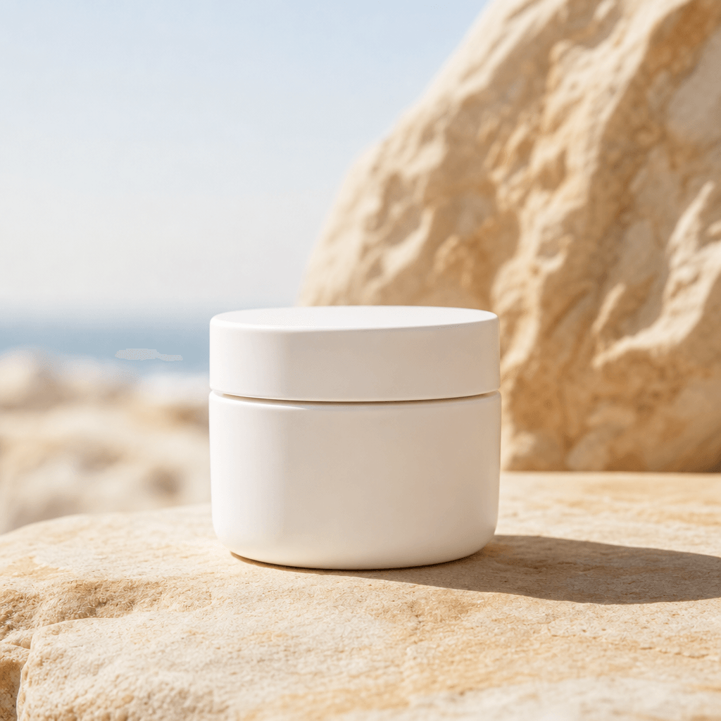 Minimalist white ceramic cream jar on a smooth sun-warmed sandstone slab, bright clean natural light from above, subtle 