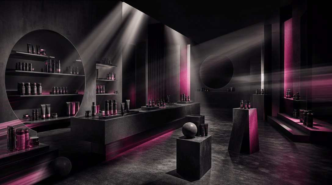 Several beams of light sweep across an architectural beauty-store set, revealing alternative product placements on shelv