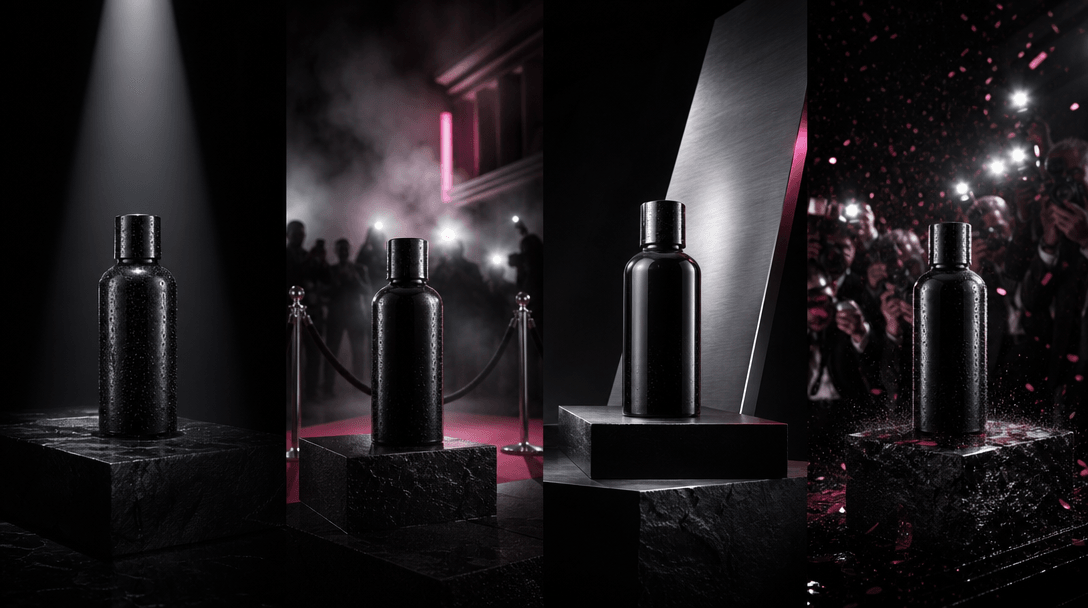 Four distinct cinematic interpretations of one unbranded bottle arranged across connected black stone stages: minimal sp