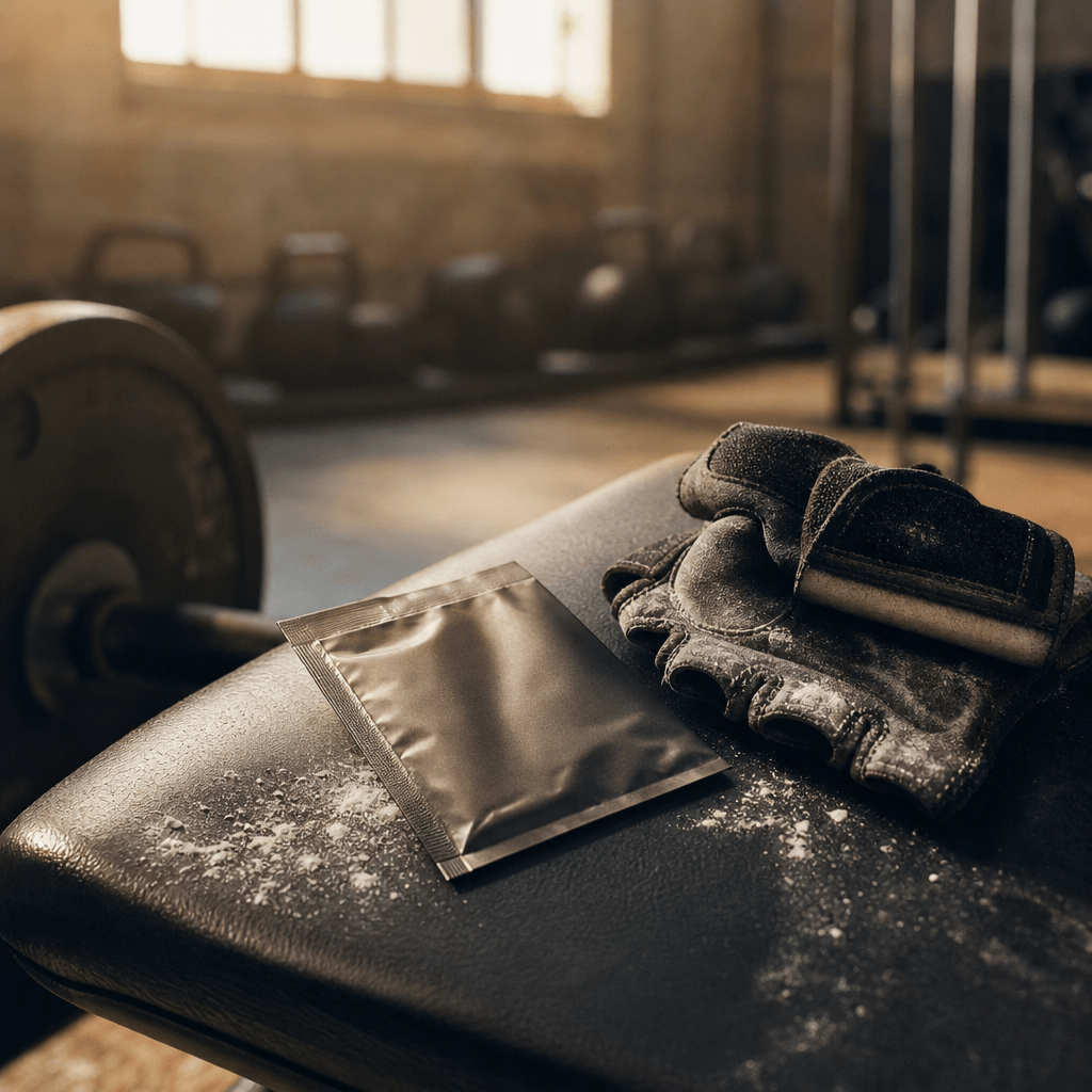Lifestyle editorial of a pre-workout supplement sachet resting on a gym bench beside athletic grip gloves and chalk dust