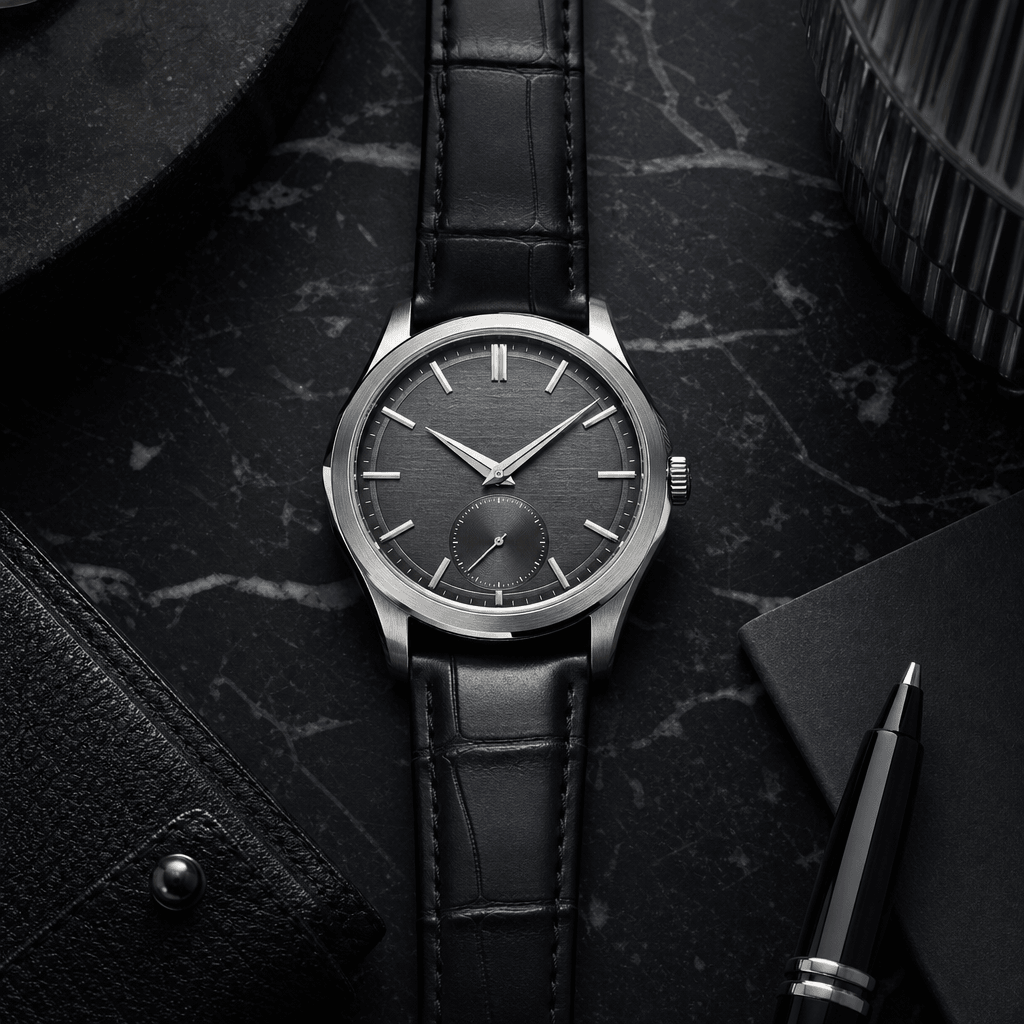 Luxury Swiss mechanical watch flat lay on dark marble slab, top-down editorial composition, cool directional light revea
