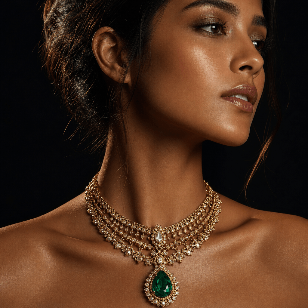 Model wearing an intricate layered gold necklace with a large teardrop emerald pendant, bare shoulders, dramatic side-ri