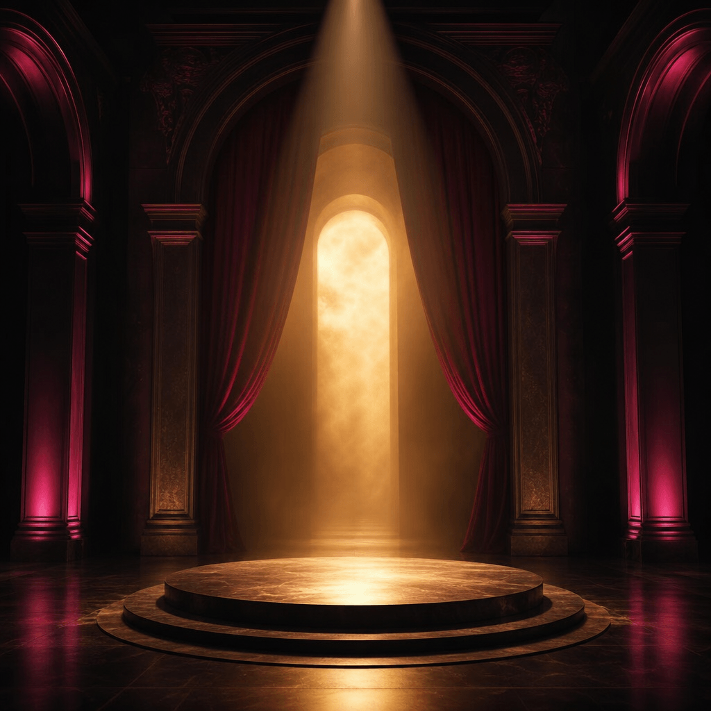 Event announcement artwork represented by a dark architectural stage, luminous doorway, velvet curtains, and a focused w
