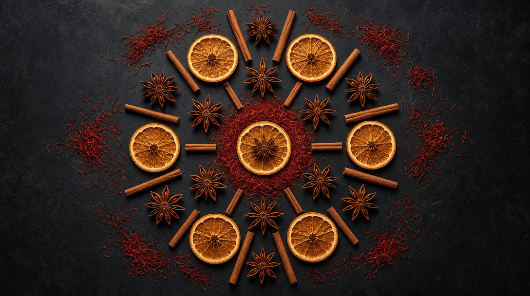 Abstract overhead studio shot of color-matched botanical props — dried orange wheel slices, cinnamon sticks, whole star 