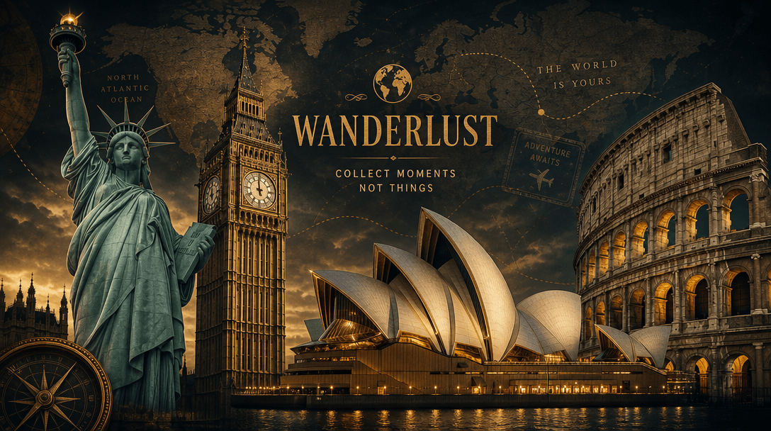 Atmospheric global landmarks montage: Statue of Liberty, Big Ben, Sydney Opera House, Colosseum rendered in cinematic li