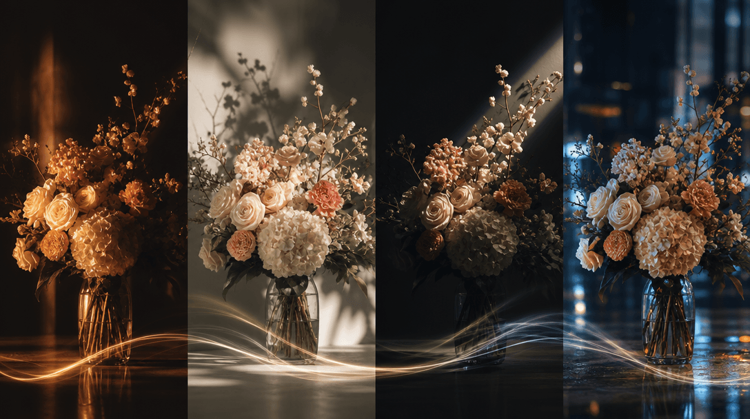 Four distinct lighting treatments cast across identical flower arrangements arranged in a refined dark studio: warm cine