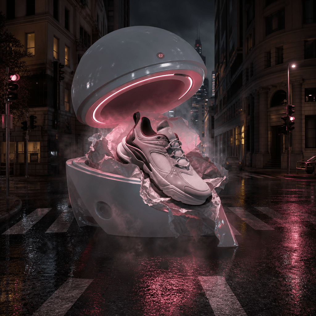 A sleek sneaker emerging from an oversized delivery capsule embedded in a wet city intersection, mist and torn packing m