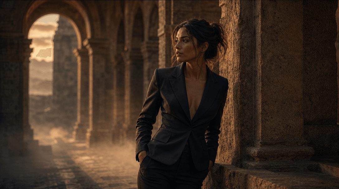 Cinematic wide editorial scene: a model in an elegant fitted blazer seamlessly placed within a moody architectural setti