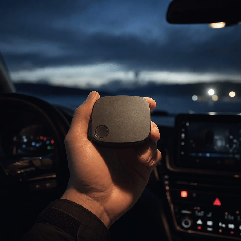 Compact tech gadget held at chest height inside a dark car cabin, blue-hour light filtering through the windshield, warm