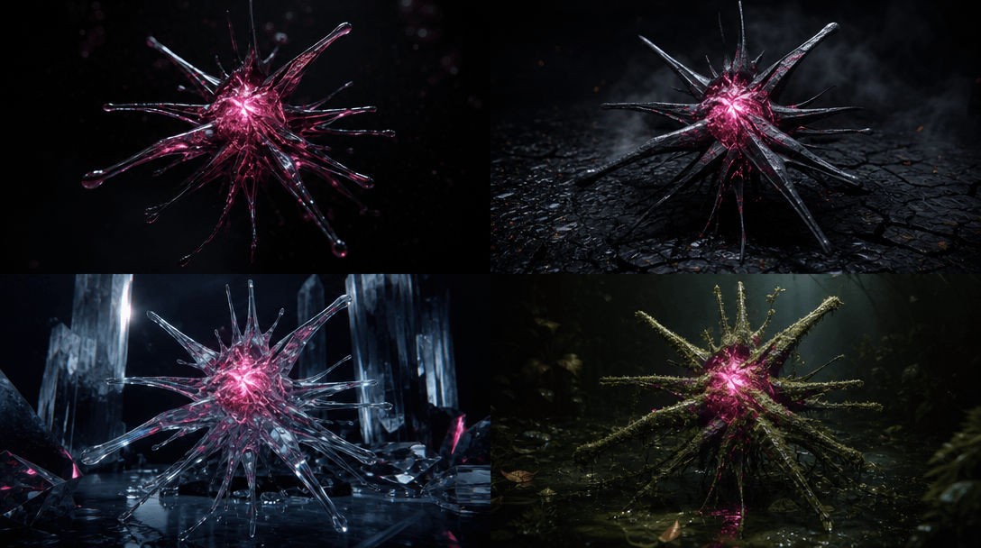 A collection of four coordinated conceptual images emerging from one central glowing form, each variation changing color