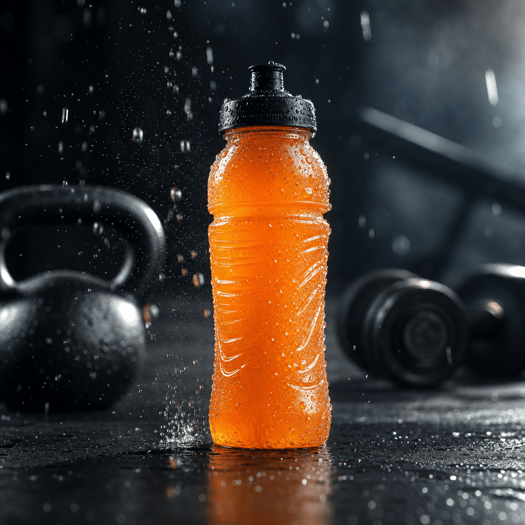 Athletic performance drink bottle with condensation droplets on a dark gym floor surface, motion-blur water droplets mid