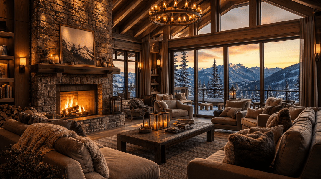 Cozy mountain lodge interior with fireplace and warm lighting, snow visible through windows, luxury resort ambiance, atm