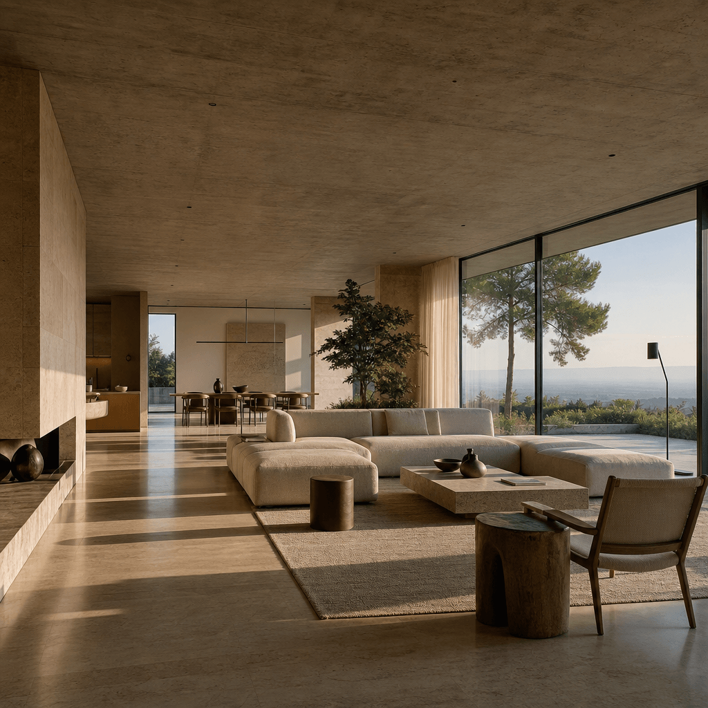 Interior visualization of a large open-plan residential living space. Exposed concrete ceiling with integrated downlight