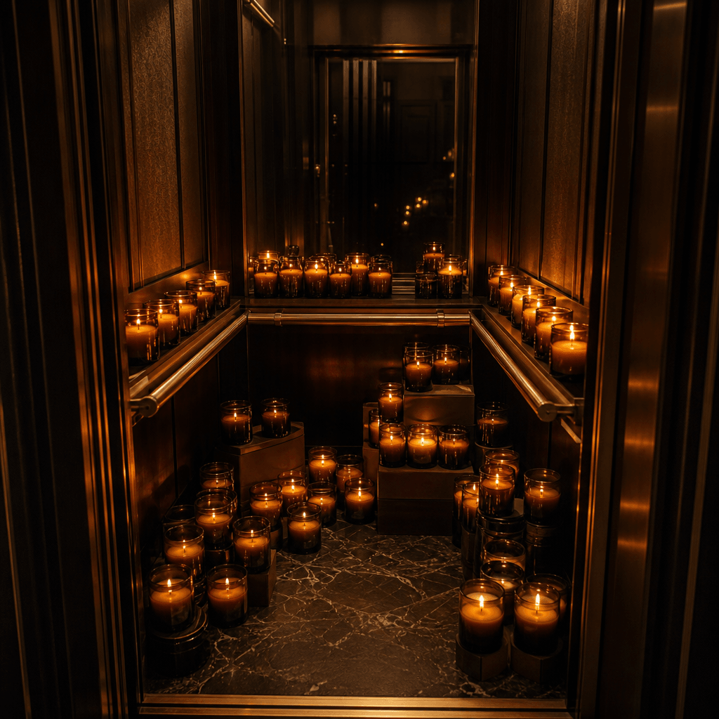 Cinematic elevator interior overflowing with artisan soy candles in amber glass vessels, each emitting a warm golden glo