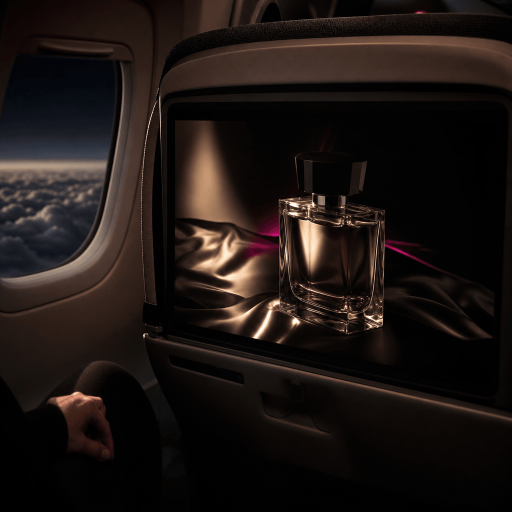 Fragrance bottle displayed as the focal point of an elegant seatback advertising scene inside a night flight cabin, mood
