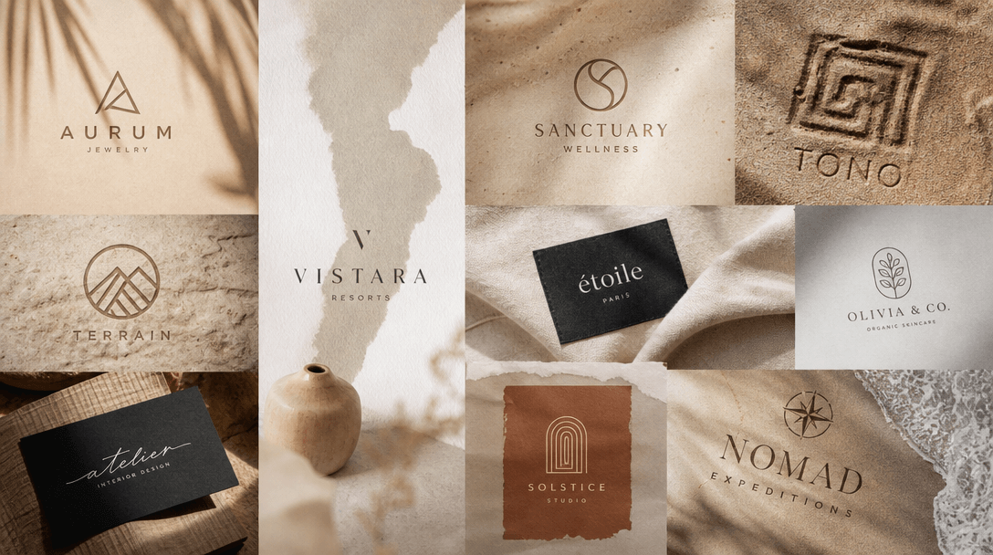 Collage-style artistic scene showing diverse logos—geometric, script, emblem styles—subtly integrated into soft textures