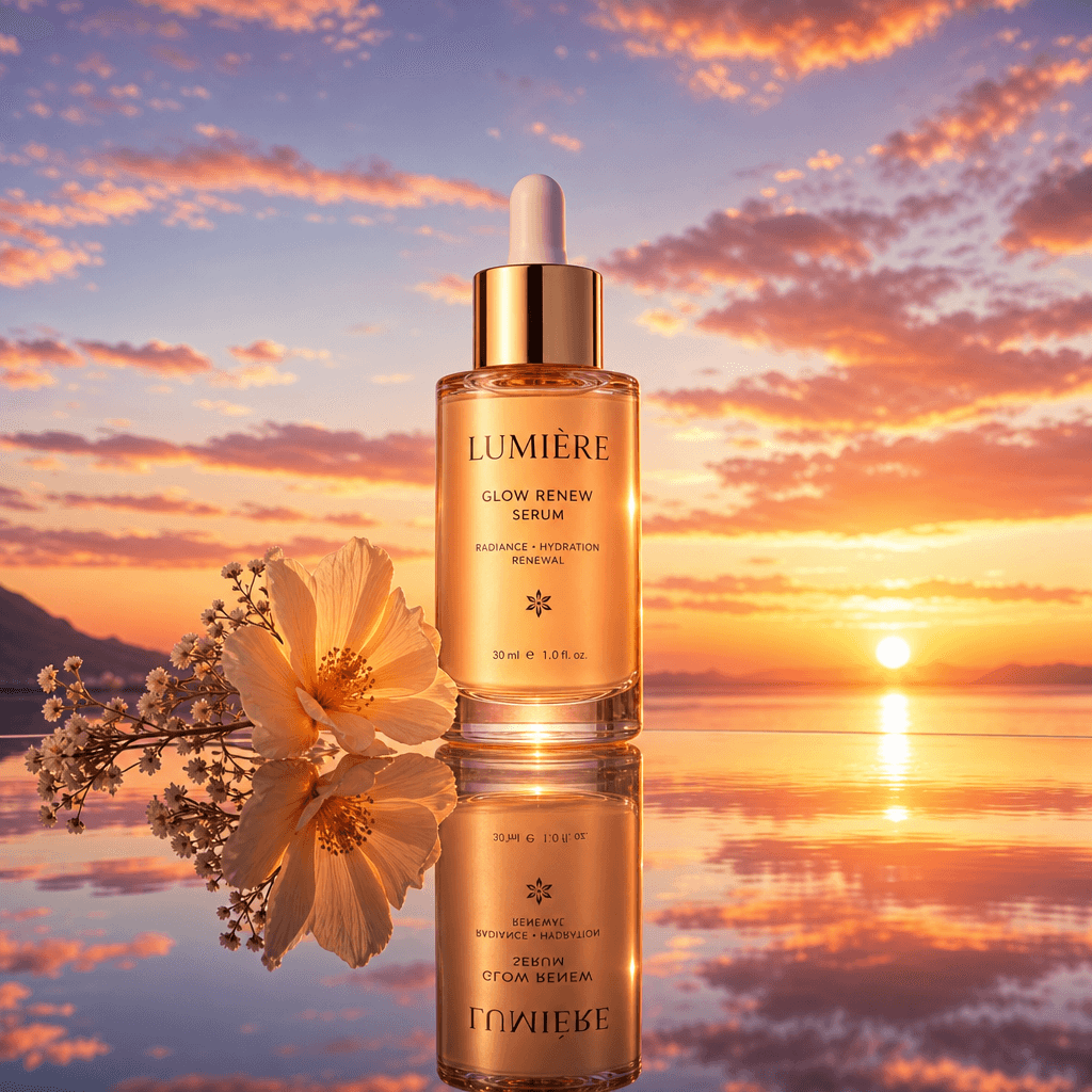 A beauty product showcased against a backdrop of a vibrant sky at dawn, with the reflection creating a stunning visual n