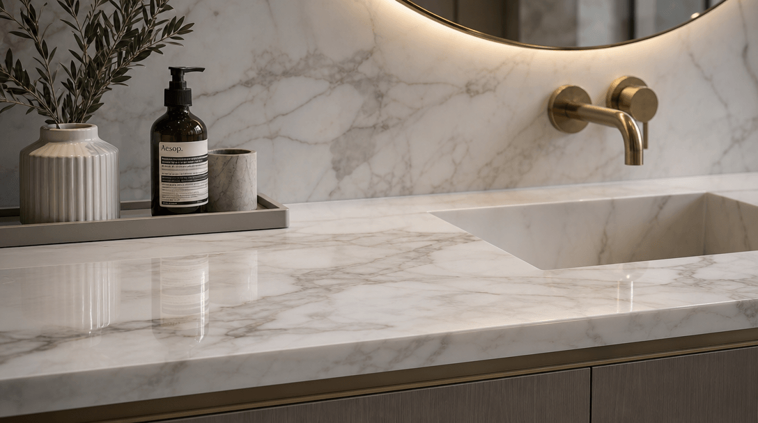 Marble texture bathroom countertop with subtle luxury styling. High-end product surface with soft shadows and reflection