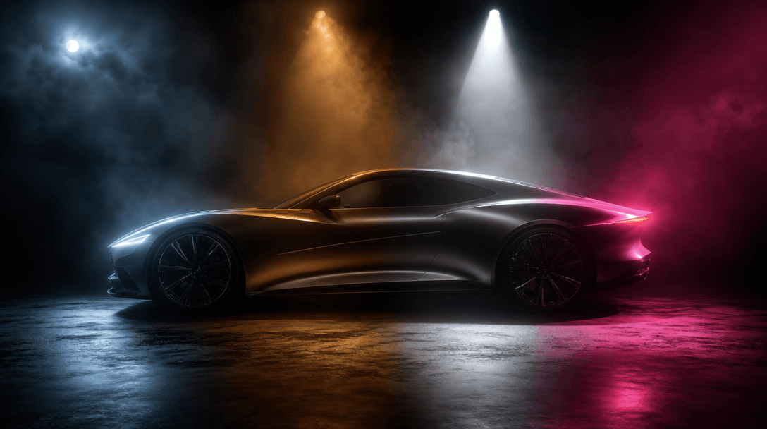A single sculptural car silhouette surrounded by four distinct lighting atmospheres merging across a dark studio: cold m