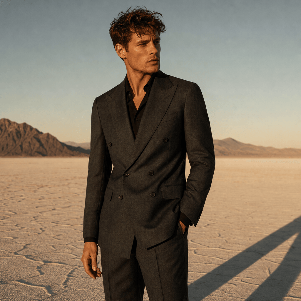 Square editorial fashion photograph: a male model in a tailored charcoal double-breasted suit posed against a minimalist