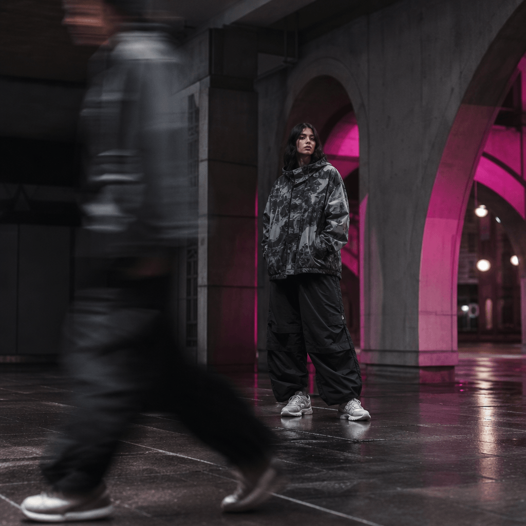 Streetwear look in a dark concrete arcade, foreground pedestrian rendered as elegant lateral motion blur, model sharply 