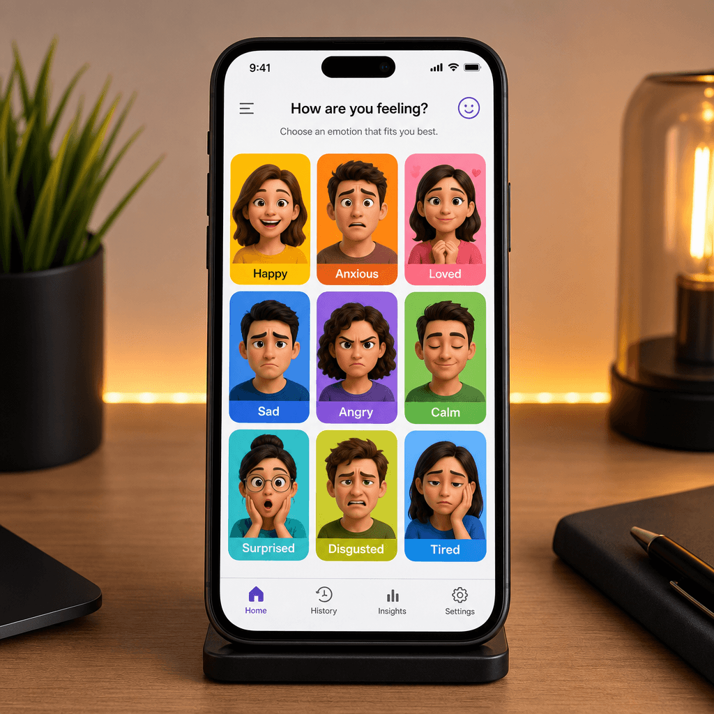 Smartphone screen displaying a 3x3 emotion grid in bright app interface, minimal desk setup with warm accent lighting, m