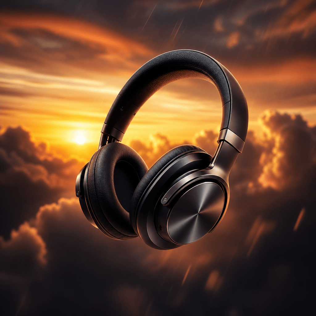 Sleek over-ear headphones suspended mid-fall above glowing sunset clouds, warm orange horizon behind them, soft atmosphe