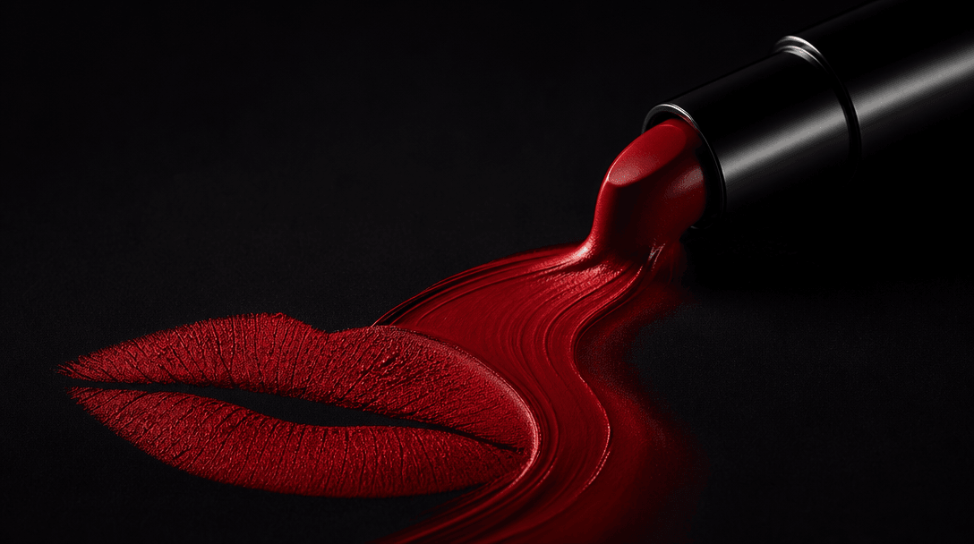 Abstract cinematic still life showing a ribbon of concentrated crimson cosmetic pigment flowing from a sleek unbranded l
