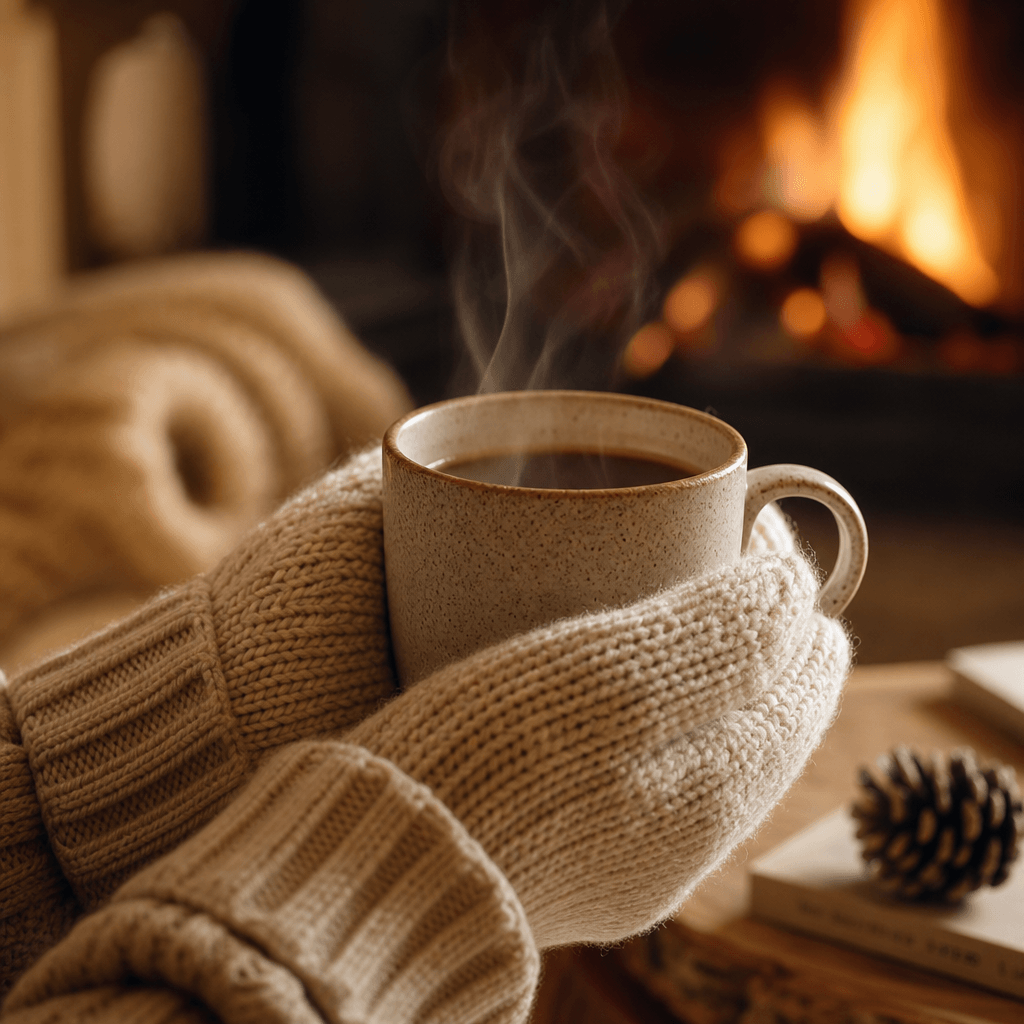 Hot coffee held in cozy knit gloves, steam rising, warm golden lighting, fireplace backdrop, lifestyle product photograp