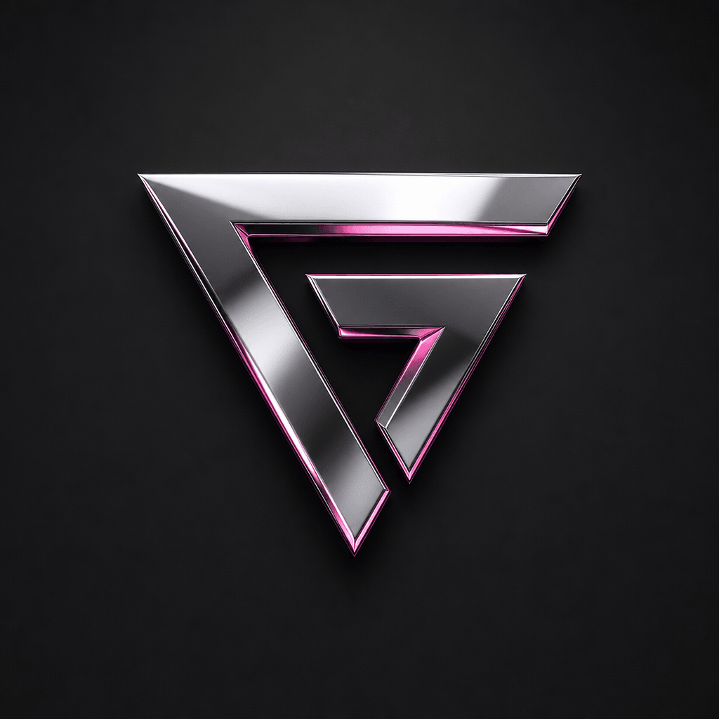 Geometric logo rendered in polished chrome with hot pink accent reflection, metallic shine with clean dark minimalist ba