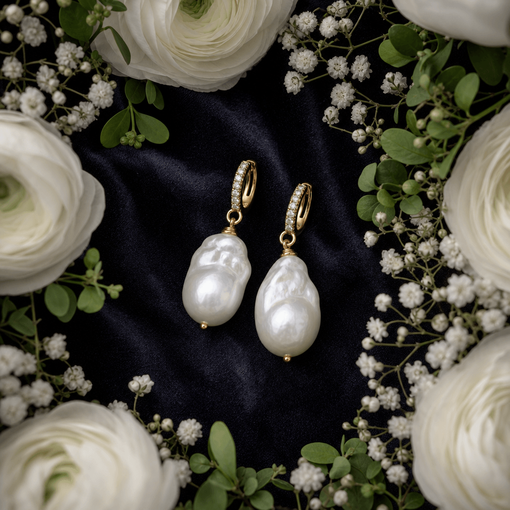A pair of baroque pearl drop earrings displayed on a piece of dark velvet encircled by white ranunculus, baby's breath, 
