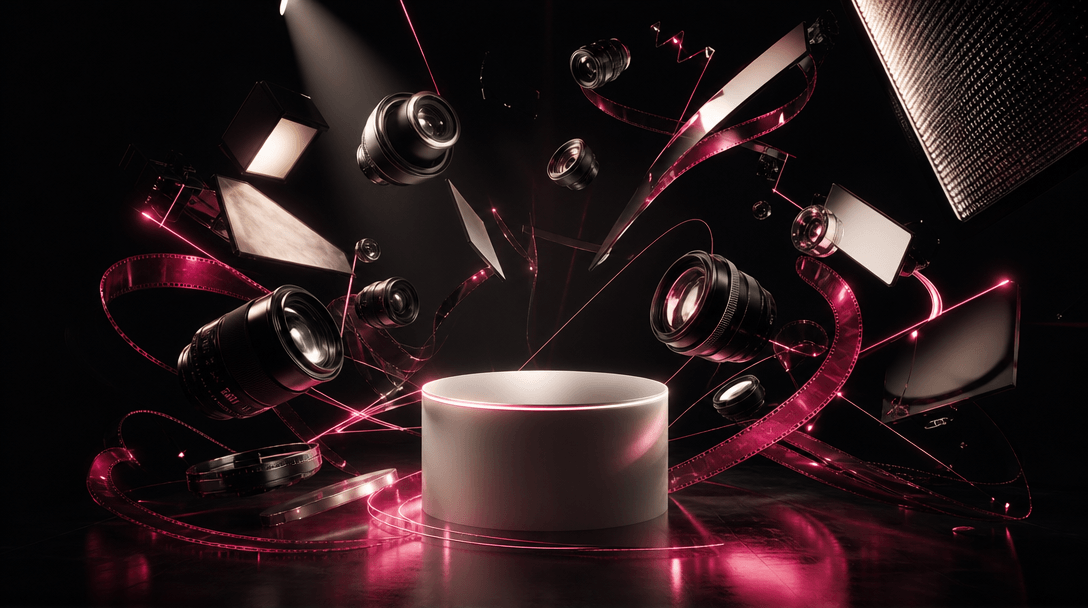 An abstract constellation of cinematic lenses and illuminated film surfaces orbiting a central product pedestal, represe