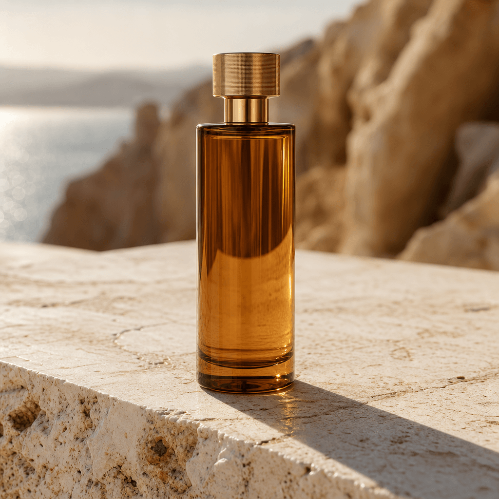 Tall cylindrical amber glass perfume bottle on a sunlit white granite slab, warm diffuse coastal daylight, crisp natural