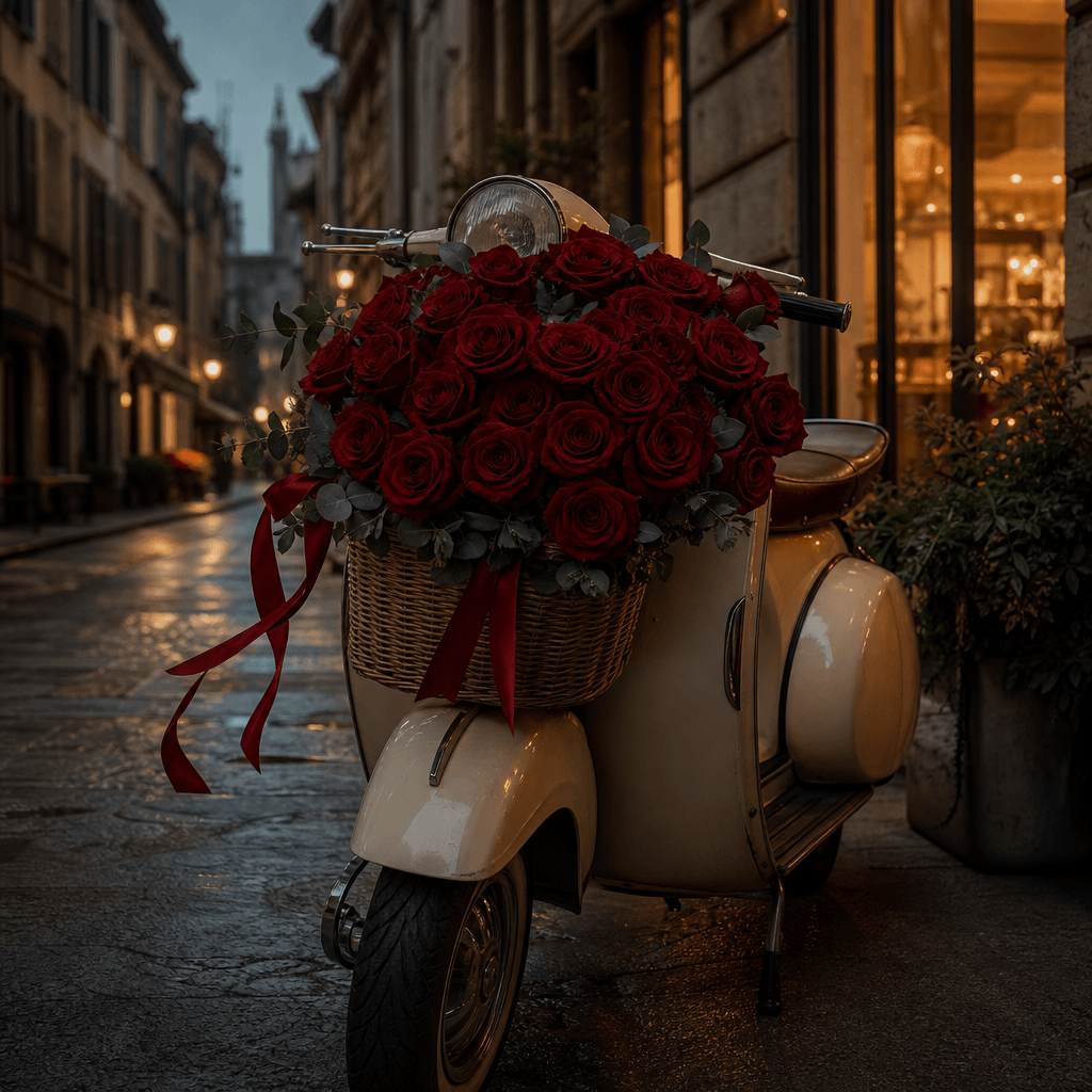 A romantic arrangement of deep red roses riding in the front basket of a cream-colored city scooter, narrow European str