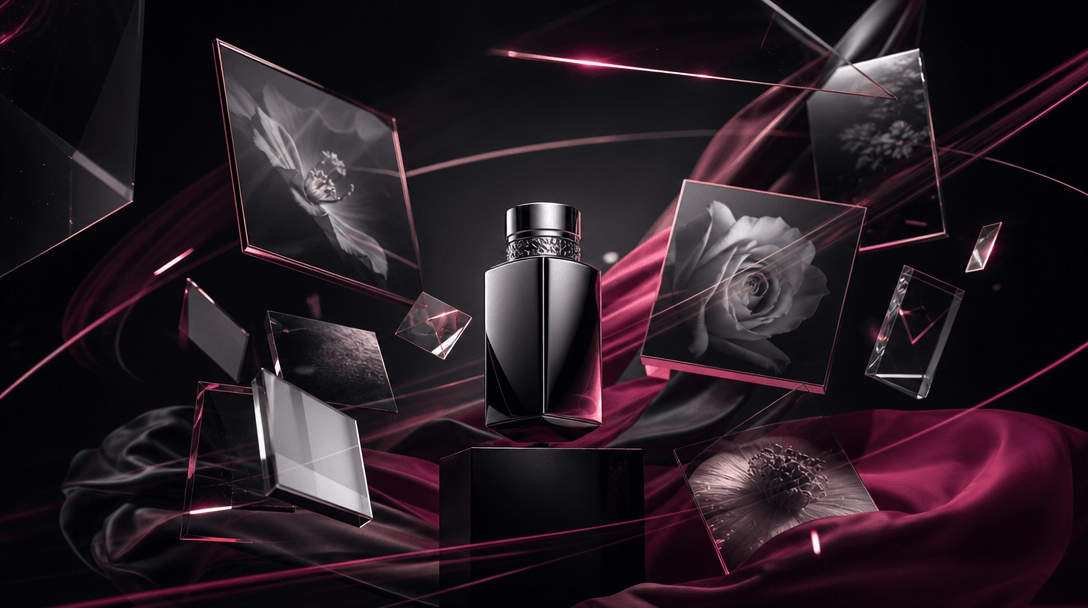 A hero product at the center of an expanding constellation of campaign materials: reflective metal, silk, glass, photogr