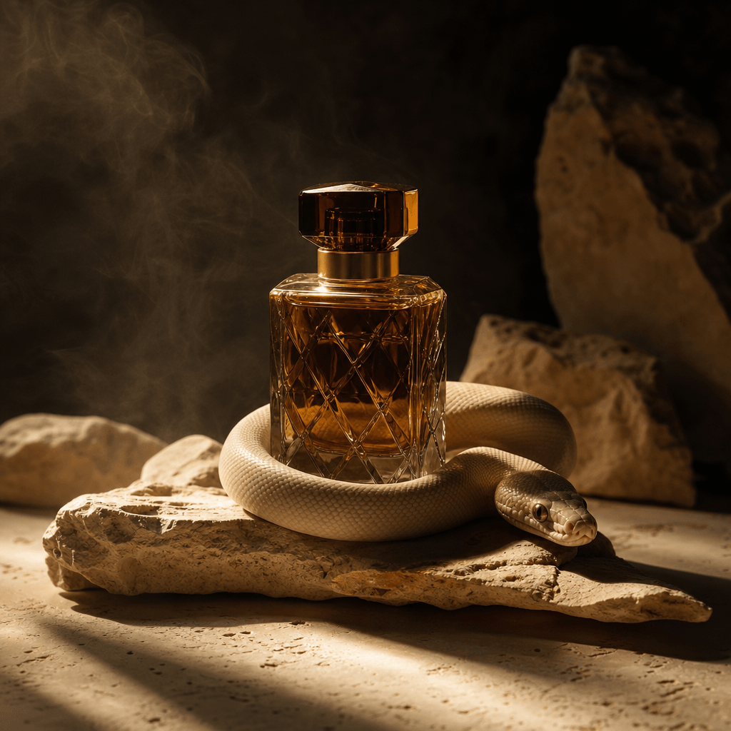 An amber perfume bottle nestled within a pale ivory snake coil on warm travertine, dark editorial background, focused go