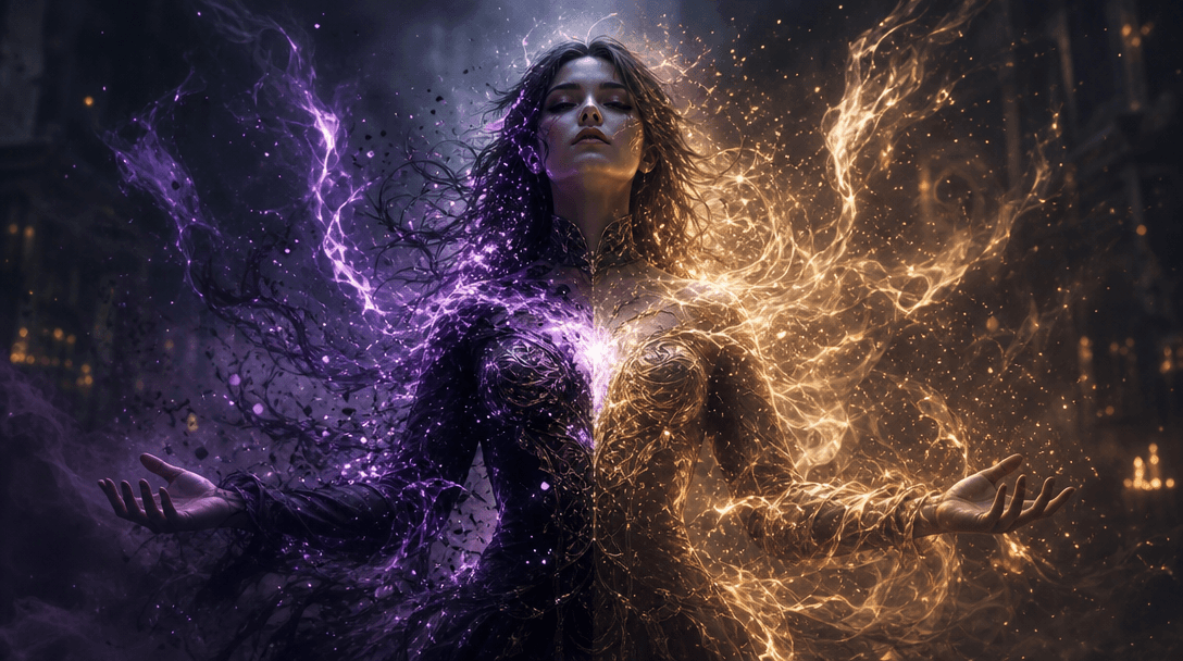 Magical transformation effect visualization, mystical aura transitioning smoothly, enchanted energy flow, dark cinematic
