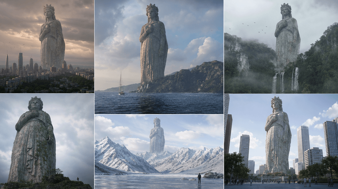 Giant statue placed in multiple different urban and natural environments showing scale perspective and environmental int