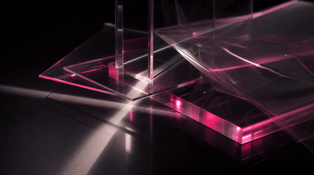 Layers of clear acrylic, glass, and transparent film creating deep refractions over a dark reflective surface. A narrow 