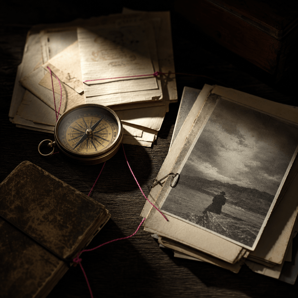 Narrative nonfiction cover concept featuring archival papers, a brass compass, and a weathered monochrome photograph arr