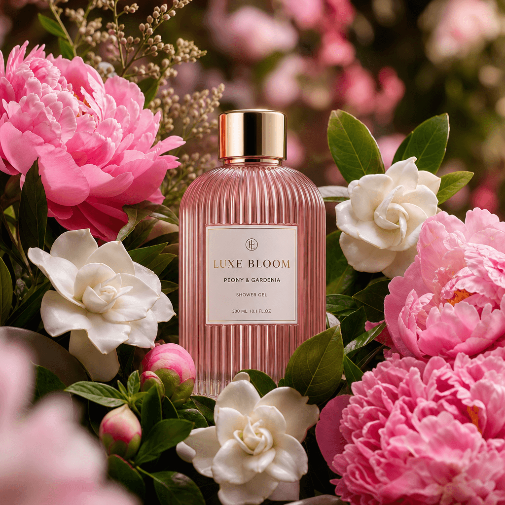 Elegant product bottle in center of abundant blooming garden with cascading pink peonies, white gardenias, and green fol