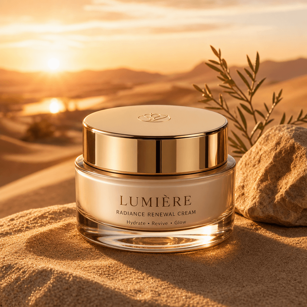 A luxurious beauty cream jar on desert sand, with soft shadows and highlights enhancing the product's features, set agai