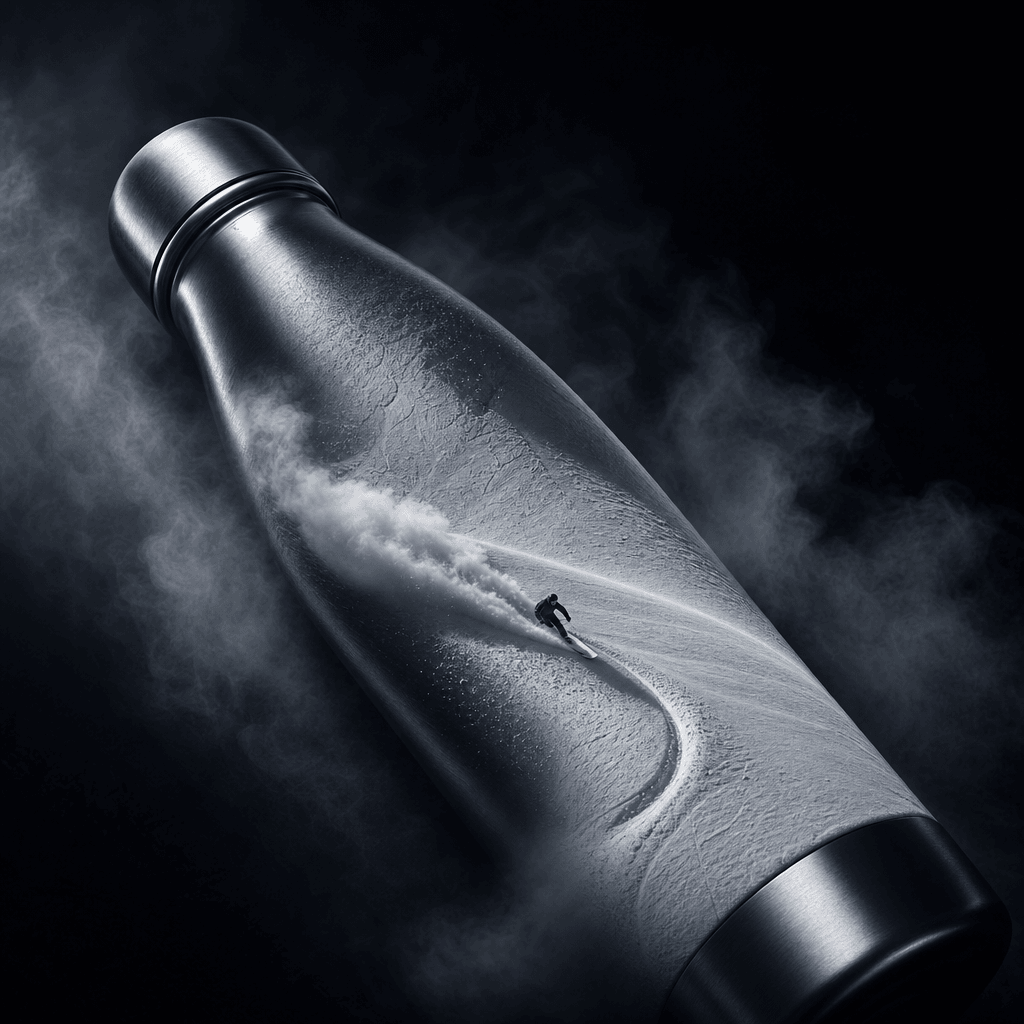 A metallic insulated bottle lying diagonally as its cylindrical surface transforms into a sweeping ski run. A tiny rider