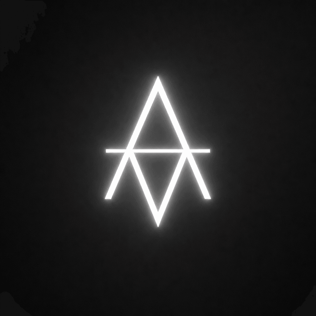 Minimalist geometric neon logo in pure white against charcoal background, clean sharp lines, soft glow halo, modern luxu