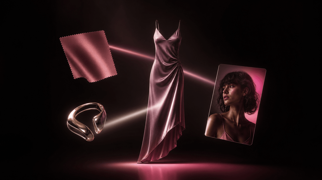 A carefully arranged product silhouette, fabric swatch, metallic accessory, and portrait reference card floating in a da